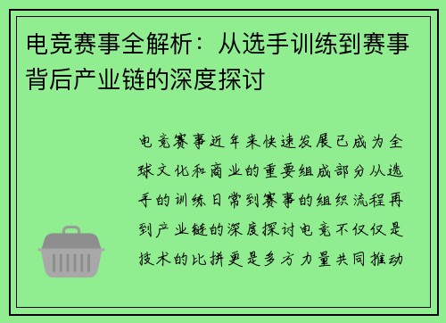 电竞赛事全解析：从选手训练到赛事背后产业链的深度探讨